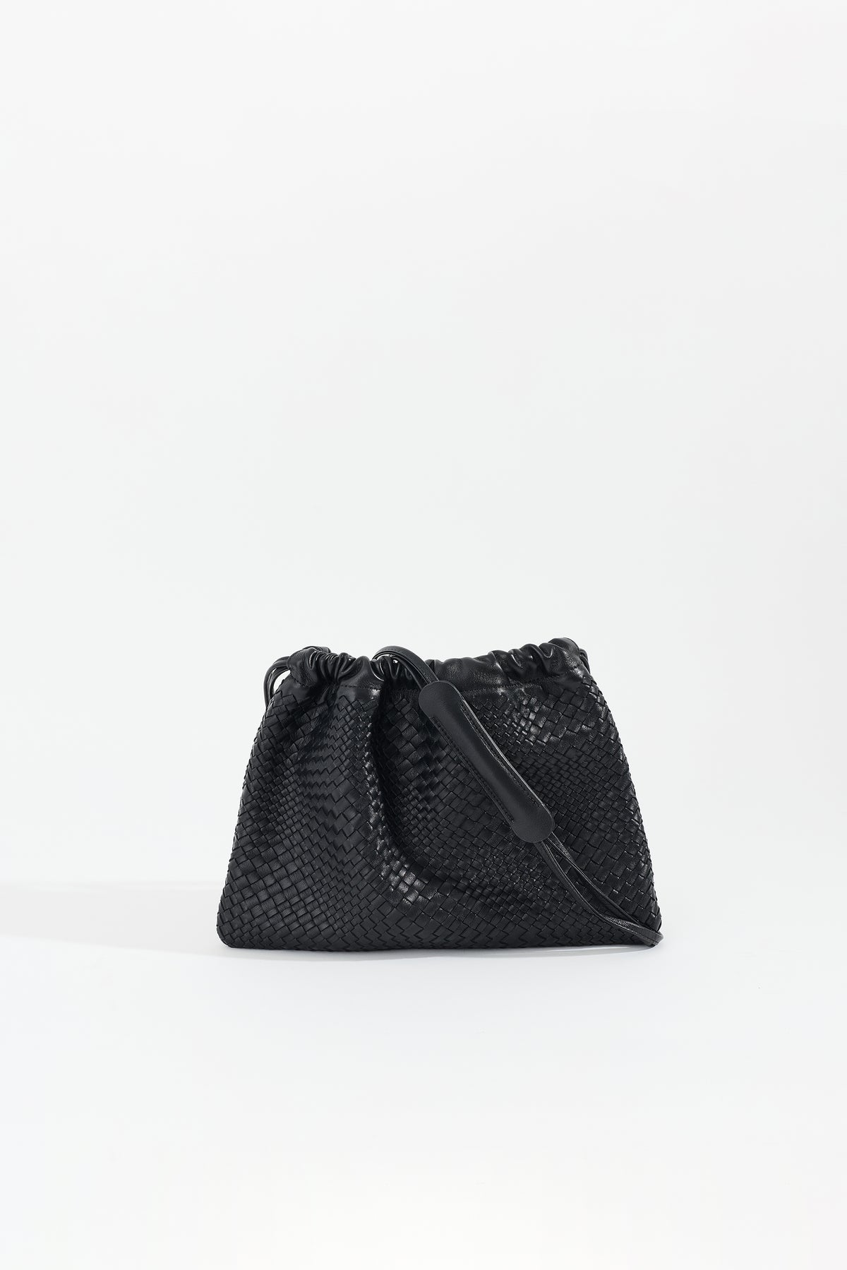 ANYA Woven Leather Drawstring Bag - Black