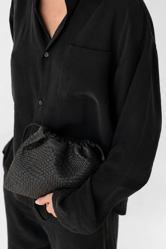 ANYA Woven Leather Drawstring Bag - Black