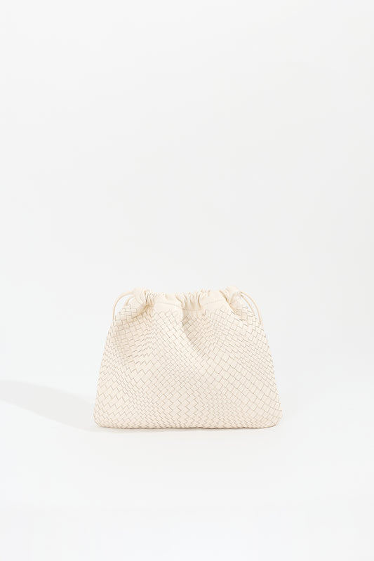 ANYA handwoven nappa leather drawstring bag in Chalk by Narii