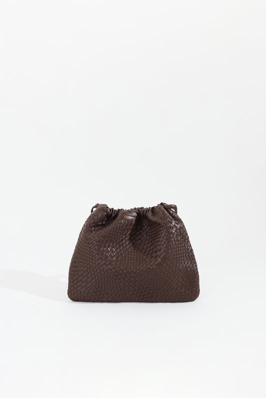 ANYA handwoven nappa leather drawstring bag in Espresso by Narii