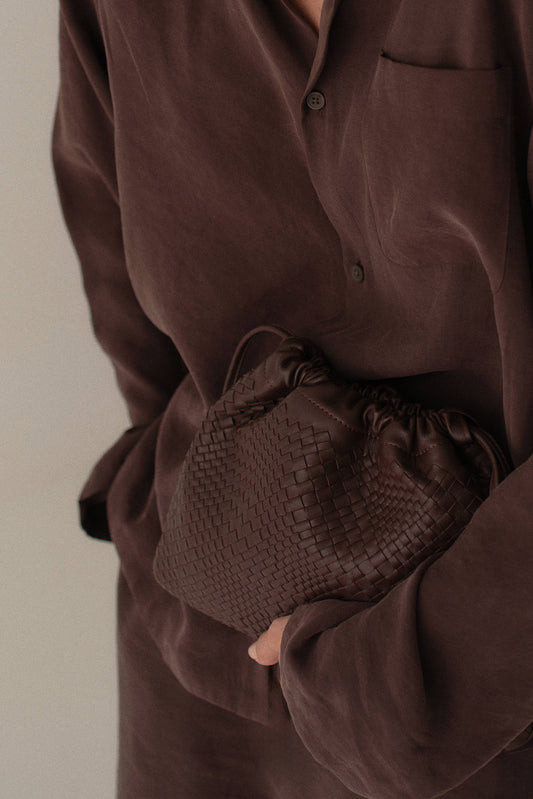 ANYA Woven Leather Drawstring Bag - Espresso