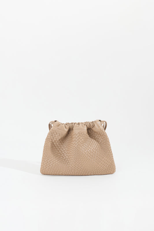 ANYA handwoven nappa leather drawstring bag in Taupe by Narii