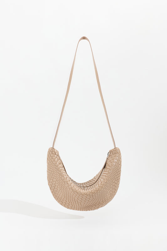 SORA handwoven nappa leather shoulder bag in Taupe by Narii